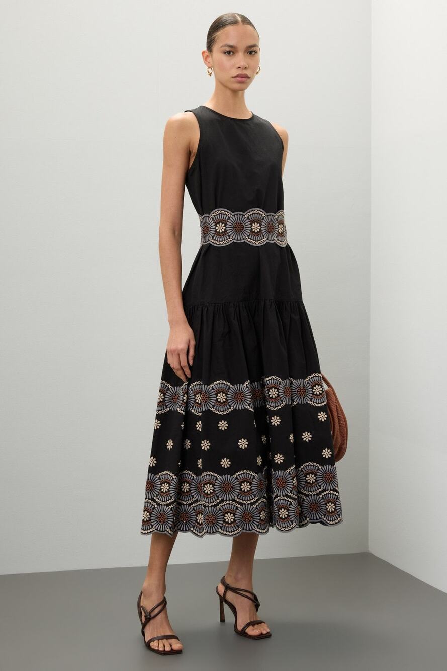 Vanessa Bruno Alais Black Embroidered Midi Dress EU 34 US 2 XS